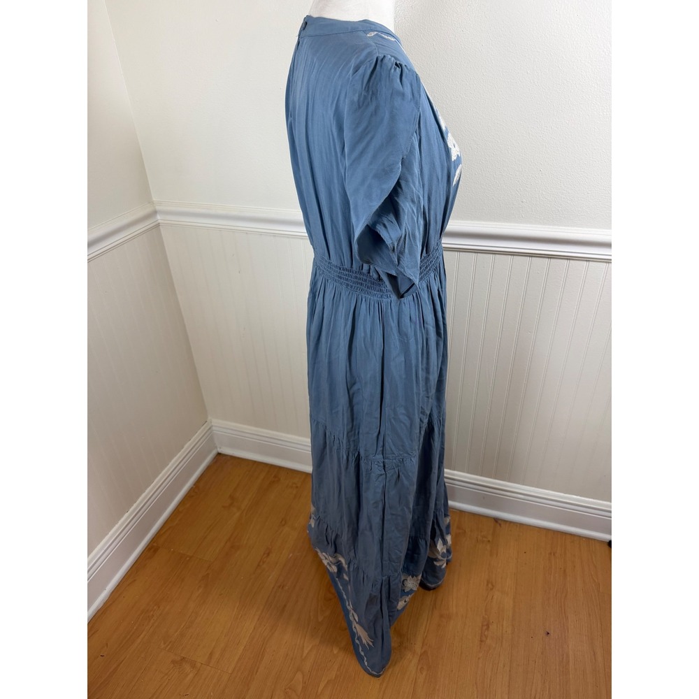 Bohme Maxi Dress Women Large Blue Floral Embroidered Smocked Waist PSD1844A-BM - Picture 3 of 9